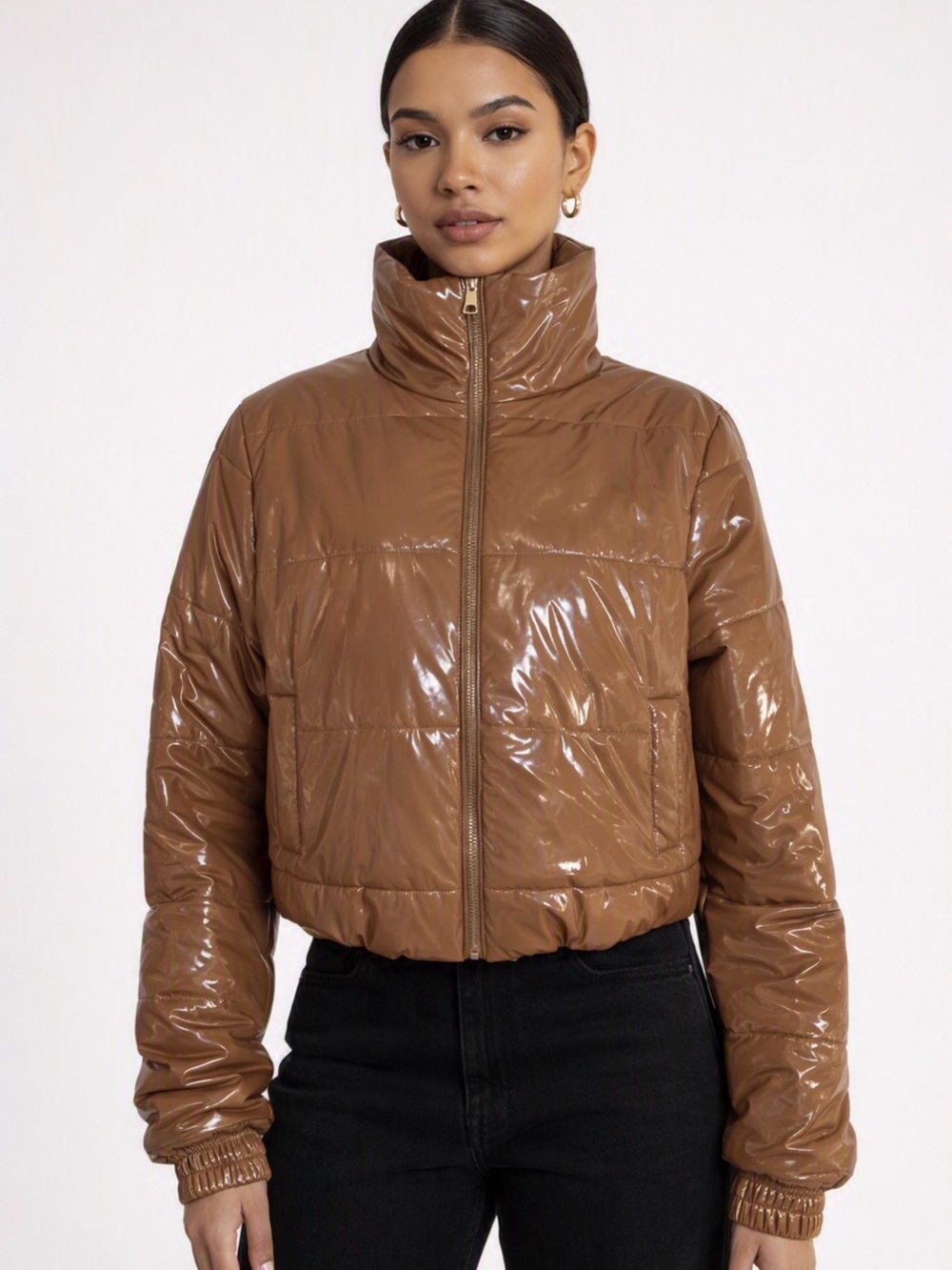 Title: AKIRA Brown Vinyl Cropped Puffer Jacket Size L Tan Glossy Faux Leather